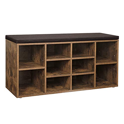 VASAGLE Cubbie Shoe Cabinet Storage Bench with Cushion, Adjustable Shelves, Holds up to 440lb, Rustic Brown ULHS10BX