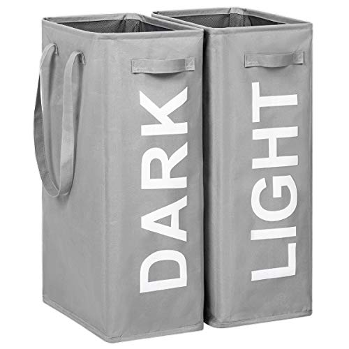 WOWLIVE 2 Pack Tall Slim Laundry Hamper with Extended Handles 2Pcs/Set Lights and Darks Separator Thin Collapsible Laundry Basket Double Laundry Hamper Foldable Laundry Organizer (Grey)