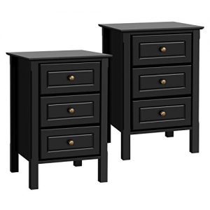 YAHEETECH 3 Drawers Nightstand Tall End Table Storage Wood Cabinet Bedroom Side Storage, Set of 2, Black