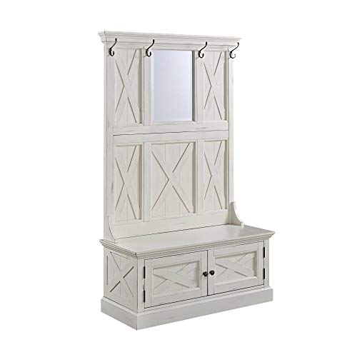 Home Styles Rustic Seaside Lodge White Hall Tree, Full Bench, Two Cabinet Doors, Beveled Glass Mirror, Four Coat Hooks