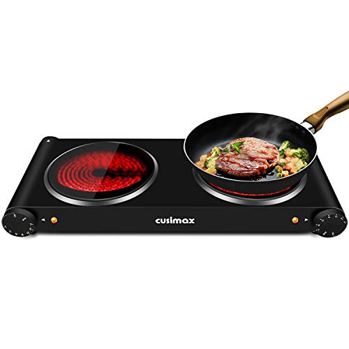 CUSIMAX 1800W Ceramic Hot Plate, Portable Infrared Burner, 7 Inch Glass Double Burner, Electric Burner, Dual Countertop Electric Cooktop, Stainless Steel Easy to Clean, Compatible with All Cookware