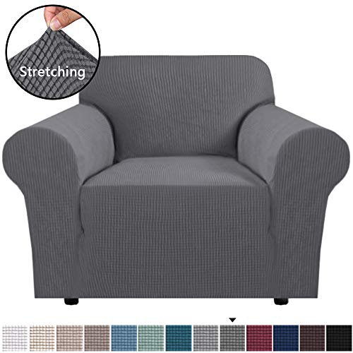 H.VERSAILTEX Stretch Chair Slipcover Sofa Cover Furniture Protector Cover Luxury Lycra High Spandex Small Checks Knitted Jacquard Sofa Cover Chair Covers for Living Room (Armchair 32"-48", Gray)