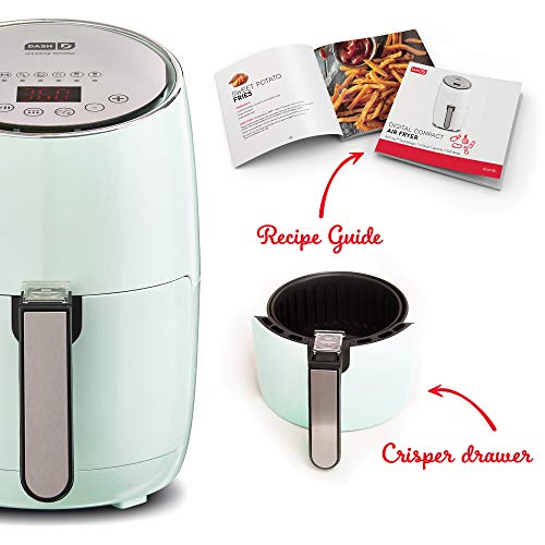 DASH Compact Electric Air Fryer + Oven Cooker with Digital Display DASH Compact Electrical Air Fryer + Oven Cooker with Digital Show, Temperature Management, Non Stick Fry Basket, Recipe Information + Auto Shut Off Characteristic, 1.6 L, as much as 2 QT, Aqua.