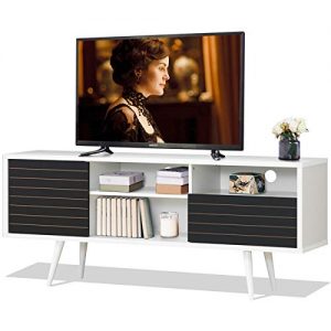 Tangkula Mid-Century Modern TV Stand for TVs up to 65'', Wooden TV Stand with Shelves, w/Cabinet & Drawer, TV Console Cabinet for Home Living Room Bedroom (White & Black)