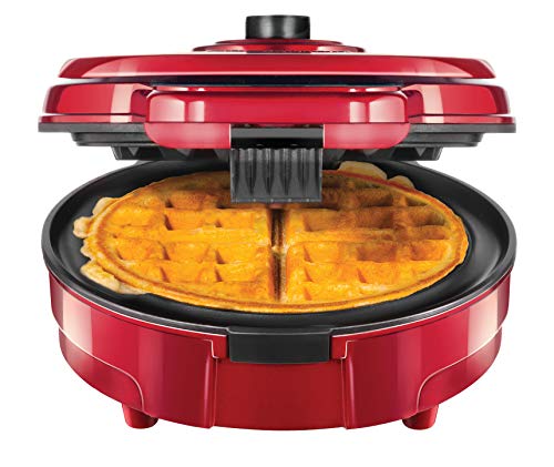 Chefman Anti-Overflow Belgian Maker w/Shade Selector & Mess Free Moat Round Waffle-Iron w/Nonstick Plates & Cool Touch Handle, Measuring Cup Included, Red