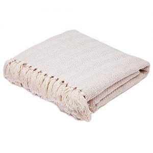 Americanflat Zaina Throw Blanket in Cream Herringbone - 100% Cotton with Fringe - 50" x 60"