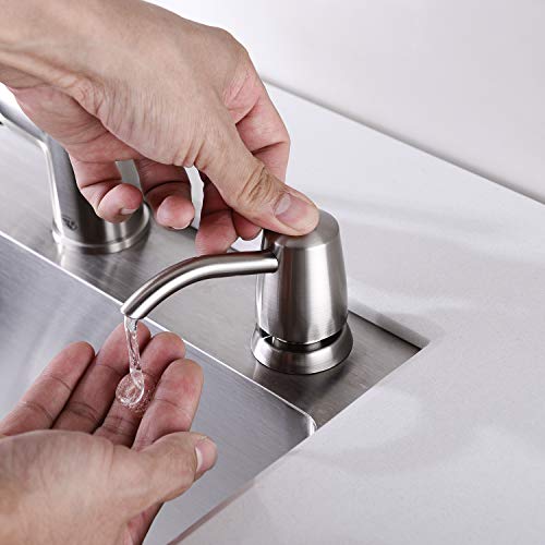 Built-in Sink Soap Dispenser - Effortless Convenience at Your Fingertips Sleek and Stylish Design: This soap dispenser features a modern brushed nickel finish and a compact ABS plastic pump head, adding a touch of elegance to your kitchen sink or bathroom vanity. It seamlessly complements your existing fixtures. High-Quality Materials: Crafted with quality in mind, this dispenser boasts a 13 oz PET plastic bottle that is durable and resistant to wear and tear. The counter-top mounted design ensures stability and long-lasting use. In summary, the Premium Built-in Sink Soap Dispenser combines style, functionality, and durability. Its brushed nickel finish enhances your space, while its no-drip nozzle and stay-primed design ensure a mess-free and efficient soap dispensing experience. Easy installation and top refills make it a convenient addition to your kitchen or bathroom. Choose this dispenser for the ultimate in convenience and style.