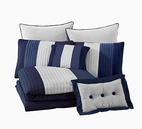 Chezmoi Collection 8-Piece Luxury Striped Comforter Set Chezmoi Assortment 8-Piece Luxurious Striped Comforter Set (California King, Navy/Blue/Grey).
