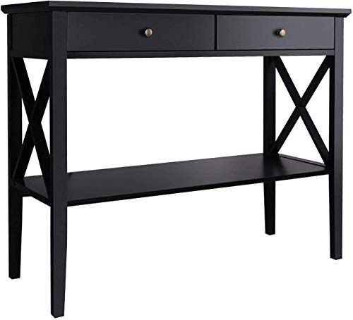 ChooChoo Console Sofa Table Classic X Design with 2 Drawers, Entryway Hall Table, Sofa Tables Narrow Easy Assembly - Black