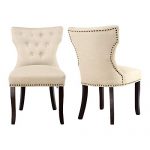 LSSBOUGHT Set of 2 Fabric Dining Chairs Leisure Padded Chairs with Brown Solid Wooden Legs,Nailed Trim, Tan
