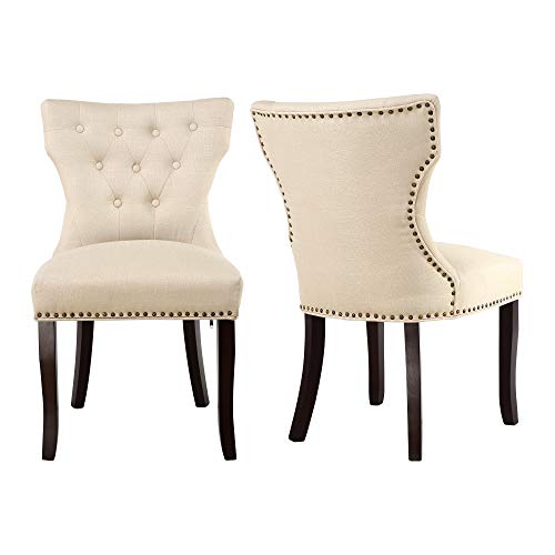 LSSBOUGHT Set of 2 Fabric Dining Chairs Leisure Padded Chairs with Brown Solid Wooden Legs,Nailed Trim, Tan