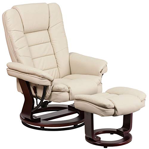 Flash Furniture Contemporary Multi-Position Recliner with Horizontal Stitching and Ottoman with Swivel Mahogany Wood Base in Beige Leather