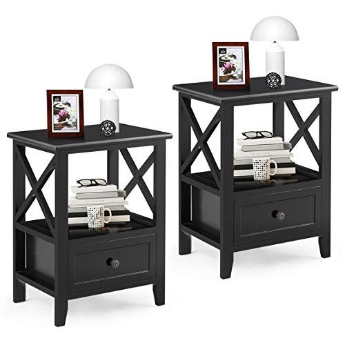 Giantex Giantex Nightstand Set of 2 Small End Tables W/Storage Shelf and Wooden Drawer 16"×12"×20" for Living Room Bedroom Bedside Accent Home Furniture Mini Side Table(Black)