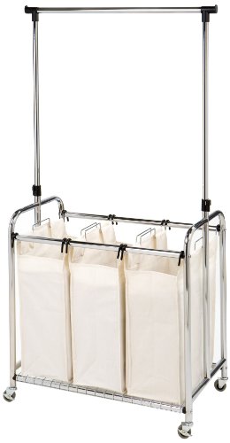 Seville Classics Mobile 3-Bag Heavy-Duty Laundry Hamper Sorter with Clothes Rack Cart, Chrome