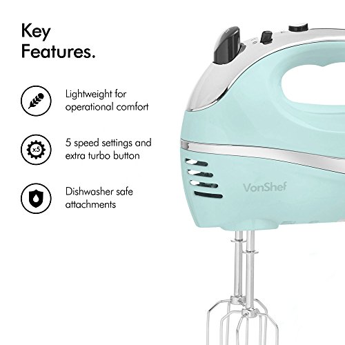 Whip, Mix, and Knead with Ease: Unleash Culinary Creativity with the VonShef Blue 250W Hand Mixer - Your Kitchen Companion for Effortless Cooking Blue 250W Hand Mixer is a kitchen powerhouse designed to make your culinary endeavors a breeze. With a highly effective 250W motor, this electric hand mixer is the perfect companion for whisking, mixing, and kneading various ingredients. Whether you're a seasoned chef or a passionate home cook, this versatile appliance takes the hassle out of food preparation, ensuring smooth and efficient results every time. Powerful Performance: ⚡ The VonShef Blue 250W Hand Mixer boasts a robust 250W motor, providing ample power for all your mixing needs. From delicate batters to dense doughs, experience consistent and efficient performance with every use.