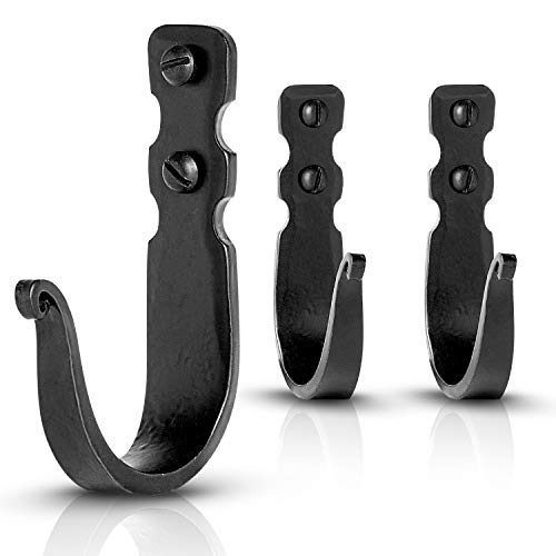 Decorative Wall Mounted Basic Wrought Iron Hooks For Kitchen And Bathroom, Rustic Hook, Blacksmith Handmade Antique Decorative Hooks For Hanging Robe, Towels, Coats, Bags and cloths - Set of 3 (Black)