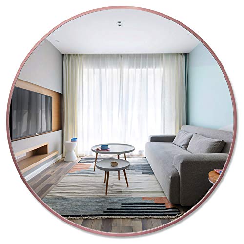 PexFix 36'' Wall Round Mirror, Contemporary Aluminum Alloy Frame Beveled Accent Wall-Mounted Decorative Mirror for Bedroom, Vanity Washrooms, Living Room & Entryway (Rose Gold)