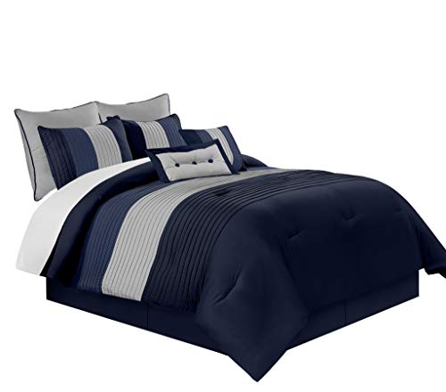 Chezmoi Collection 8-Piece Luxury Striped Comforter Set (California King, Navy/Blue/Gray)