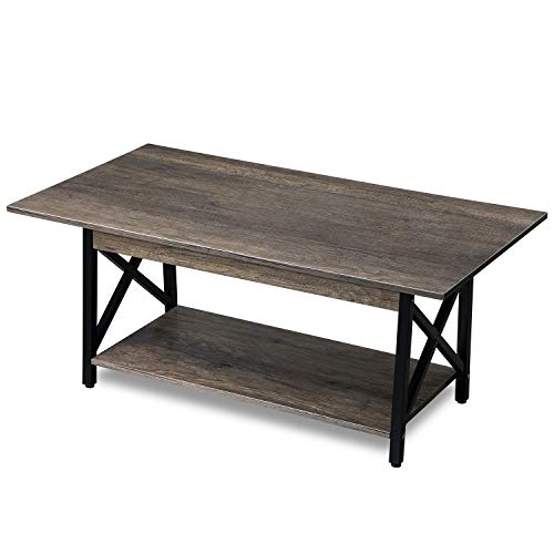 GreenForest Coffee Table Industrial Metal Legs with Storage Shelf for Living Room 43.3" x 23.6", Easy Assembly, Dark Walnut