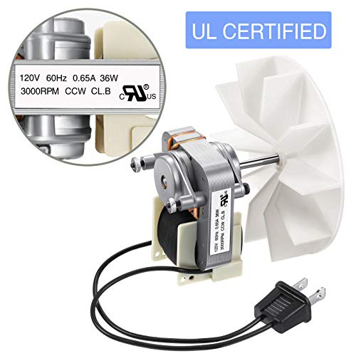 Universal Bathroom Vent Fan Motor Replacement Kit - Efficient and Compatible with Nutone Broan, Enhance Your Bathroom Airflow As a user of the Universal Bathroom Vent Fan Motor Replacement Kit, I can confidently say goodbye to stuffy bathrooms! This kit is a breath of fresh air, quite literally. The 50CFM power, 0.65 amps efficiency, and 3000 Rpm speed make it a reliable substitute for any tired exhaust fan. Its 120 volts capacity and 60Hz frequency ensure consistent performance. The safety-certified design with a 3/16" x 1 3/4" shaft and a 6" wire size, complete with a 2-prong plug, ensures a secure and durable replacement. Say hello to improved bathroom ventilation with this UL certified fan motor kit!