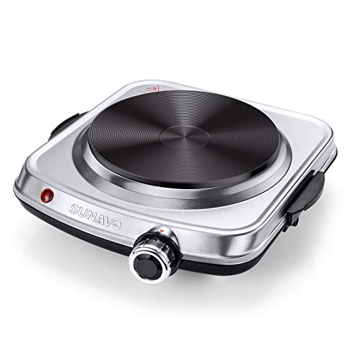 SUNAVO Hot Plates for Cooking, 1500W Electric Single Burner with Handles, 6 Power Levels Stainless Steel Hot Plate for Kitchen Camping RV and More Silver