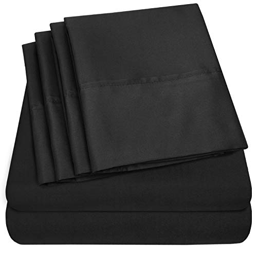 Sweet Home Collection Queen Sheets-6 Piece 1500 Thread Count Fine Brushed Microfiber Deep Pocket Set-2 EXTRA PILLOW CASES, VALUE, Black