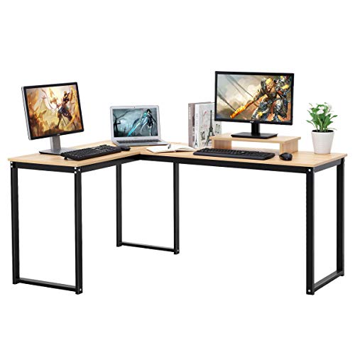 Computer Desk, ZCH L-Shaped Large Corner PC Laptop Study Table Workstation Gaming Writing Desk for Home Office - Free Monitor Stand - Wood & Metal - Beech Wood Grain