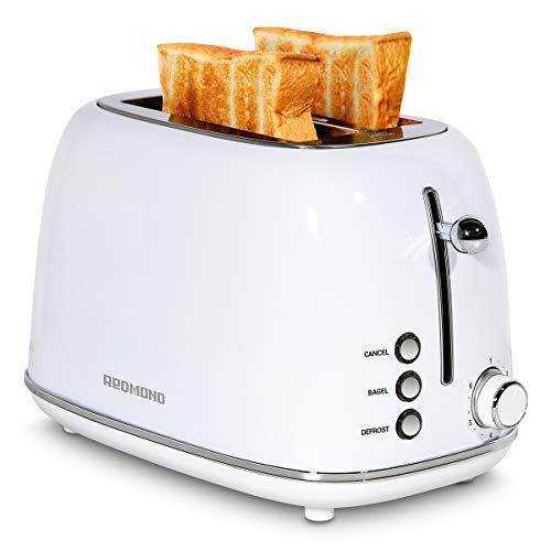 REDMOND 2 Slice Toaster Retro Stainless Steel Toaster with Bagel, Cancel, Defrost Function and 6 Bread Shade Settings Bread Toaster, Extra Wide Slot and Removable Crumb Tray, White, ST028