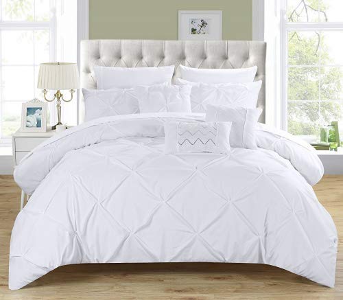 Chic Home 10 Piece Hannah Pinch Pleated, ruffled and pleated complete Queen Bed In a Bag Comforter Set White With sheet set