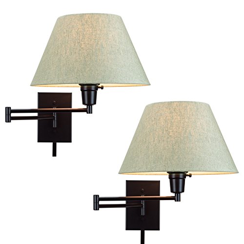 Kira Home Cambridge 13" Swing Arm Wall Lamp - Plug in/Wall Mount Kira Dwelling Cambridge 13" Swing Arm Wall Lamp - Plug in/Wall Mount + Latte Mocha Material Shade, 150W 3-Means + Twine Covers, Black End, 2-Pack.
