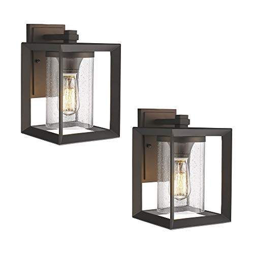 Emliviar Indoor Outdoor Wall Sconce 2 Pack, Oil Rubbed Bronze Finish with Seeded Glass Shade, 2083-B1