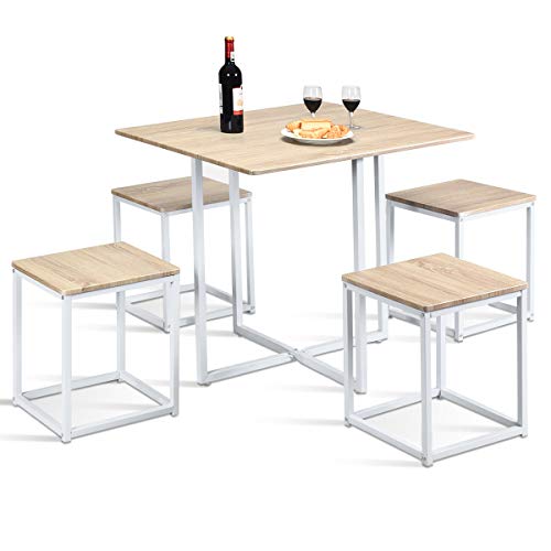 Giantex 5 Piece Dining Table Set with 4 Stools Metal Frame Space-Saving Storage Bar Pub Kitchen (Beige & White)