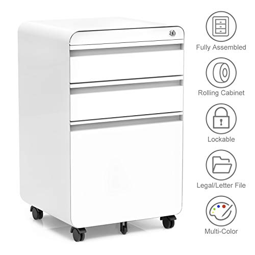 Dprodo 3 Drawers Mobile File Cabinet with Lock Dprodo 3 Drawers Mobile File Cabinet with Lock, Metal Filing Cabinet for Legal &amp; Letter Size, Fully Assembled Locking File Cabinet for Home &amp; Office,White.