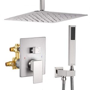 Esnbia Shower System, 12 Inch Ceiling Mount Brushed Nickel Shower Faucet Bathroom Luxury Rain Mixer Shower Combo Set Rainfall Shower Head System (Rough in Shower Faucet Vlave Include）