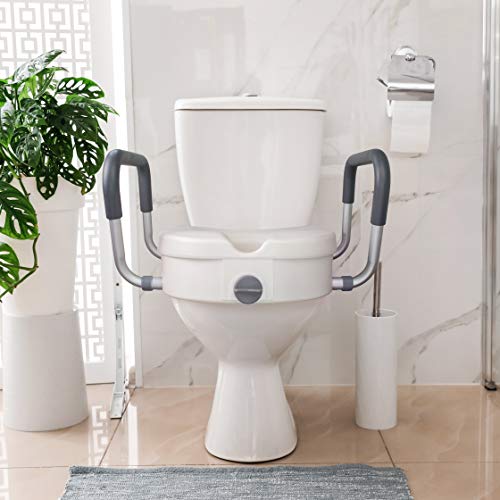 RMS Raised Toilet Seat - 5 Inch Elevated Riser RMS Raised Toilet Seat - 5 Inch Elevated Riser with Adjustable Padded Arms - Toilet Safety Seat for Elongated or Standard Commode.