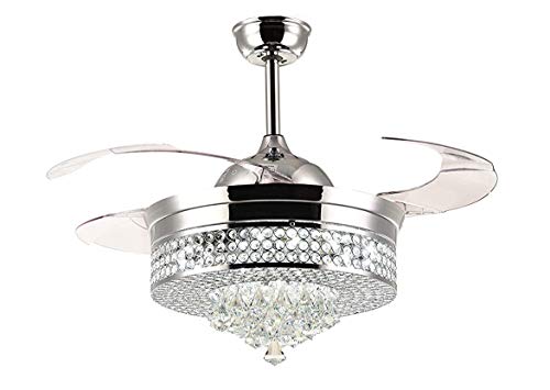 NOXARTE Crystal Ceiling Fan with Light and Remote Modern LED Dimmable Raindrop Fixture Invisible Blades for Bedroom Living Room 36 Inch