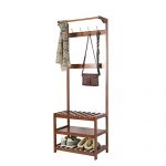 Yaker' s Collection Hall Tree Full-Wood, Coat Rack Shoe Bench with 8 Hooks and 3-Tier Shelves, Easy Assembly Entryway Shoe and Coat Rack for Jackets, Handbags, Coats, Hats, Shoe Storage