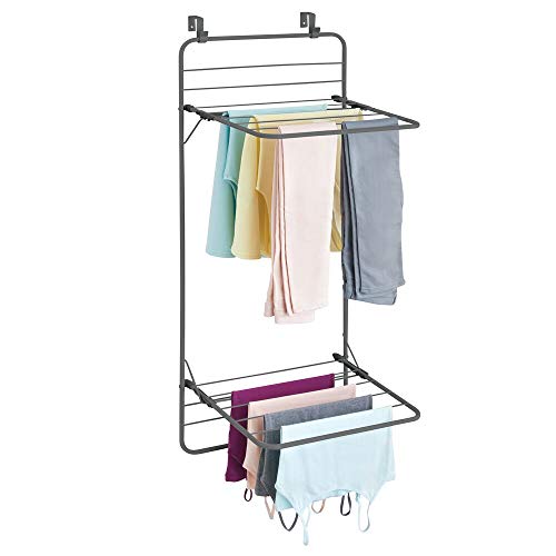 mDesign Over Door Foldable Laundry Drying Rack - Compact, Portable, and Collapsible for Storage - Double Shelf - Graphite Gray