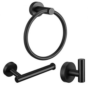 Pynsseu 304 Stainless Steel Bathroom Hardware Accessories Set Matte Black 3-Piece Set Includes Hand Towel Ring, Robe Towel Hook, Toilet Paper Holder Heavy Duty Wall Mount Bathroom Holder