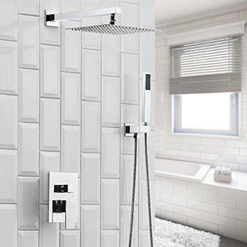 BWE 10 Inch Square Bathroom Luxury Rain Mixer Shower Combo Set BWE 10 Inch Sq. Lavatory Luxurious Rain Mixer Bathe Combo Set Wall Mounted Rainfall Bathe Head System Polished Chrome Bathe Faucet Tough-in Valve Physique and Trim Included.