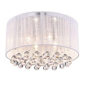 Edvivi Belle 4-Light Chrome Finish with White Thread Wrapped Drum Shade Flush Mount Chandelier Ceiling Fixture with Hanging Crystals | Glam Lighting