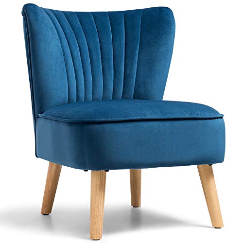 Giantex Velvet Accent Chair, Upholstered Modern Sofa Chair w/Wood Legs, Thickly Padded, Armless Wingback Club Chairs for Living Room Bedroom Furniture (1, Blue)