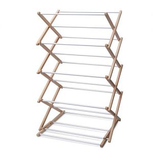 INNOKA 4-Tier Wooden Aluminum Stackable Foldable Clothes Laundry Drying Rack w/Sturdy Base for Indoor/Outdoor - Home Essentials in Smart Adjustable Design, Perfect for Living Room, Balcony, Basement