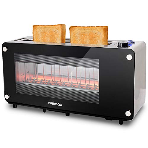 CUSIMAX 2 Slice Toaster Long Slot Toasters with Window, Bangel Toaster, Stainless Steel Bread Toaster with Automatic Lifting, Removable Crumb Tray and Slide-out Glass Panel
