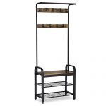 VASAGLE Industrial Coat Rack Shoe Bench, Hall Tree Entryway Storage Shelf, Wood Look Accent Furniture with Metal Frame, 3 in 1 Design, Easy Assembly UHSR40B