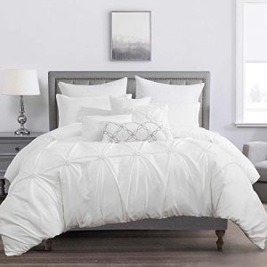 Sapphire Home Luxury 7 Piece King Comforter Set with Shams Cushions, Unique Pinch Pleat Pintuck Style, All Season Comforter, Bed Cover Bed in a Bag, (21921, King, White)