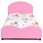 HONEY JOY Kids Bed, Upholstered Platform, Wood Princess Bedframe, Sleeping Bedroom Furniture, Crystal Embedded Bed for Girls (Pink)