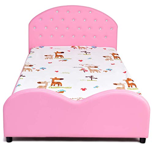 HONEY JOY Kids Bed, Upholstered Platform, Wood Princess Bedframe, Sleeping Bedroom Furniture, Crystal Embedded Bed for Girls (Pink)