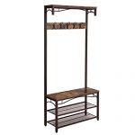 HomeRoots Metal and MDF Metal Framed Coat Rack with Wooden Bench and Two Mesh Shelves, Brown and Black