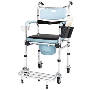 OMECAL Folding Commode Chair for Toilet w/Wheels & Pedal, 350 LBS Weight Capacity, 4 in 1 Multifunctional Portable Heavy Duty Bedside Commode for Elder Disabled People Pregnant Women